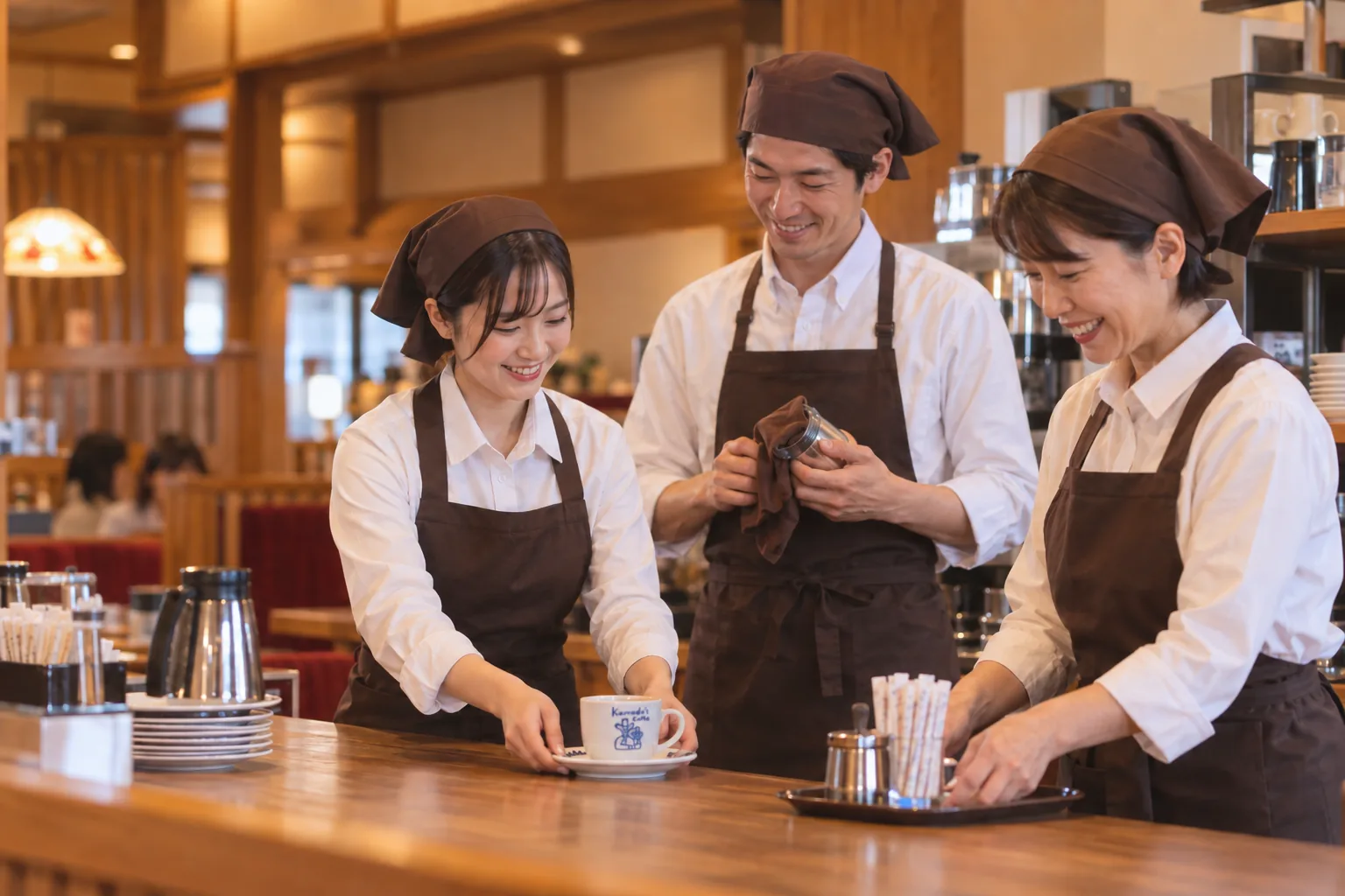 開店準備を進めるカフェスタッフのチーム